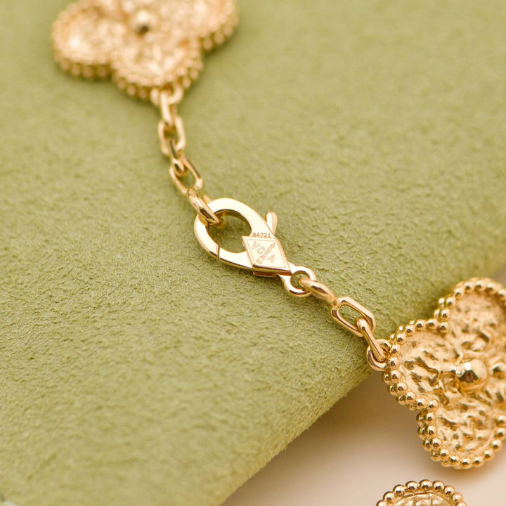 Preloved Full Set Authentic Van Cleef & Arpels Vintage Alhambra 10 Motif Hammered Necklace 18K Yellow Gold