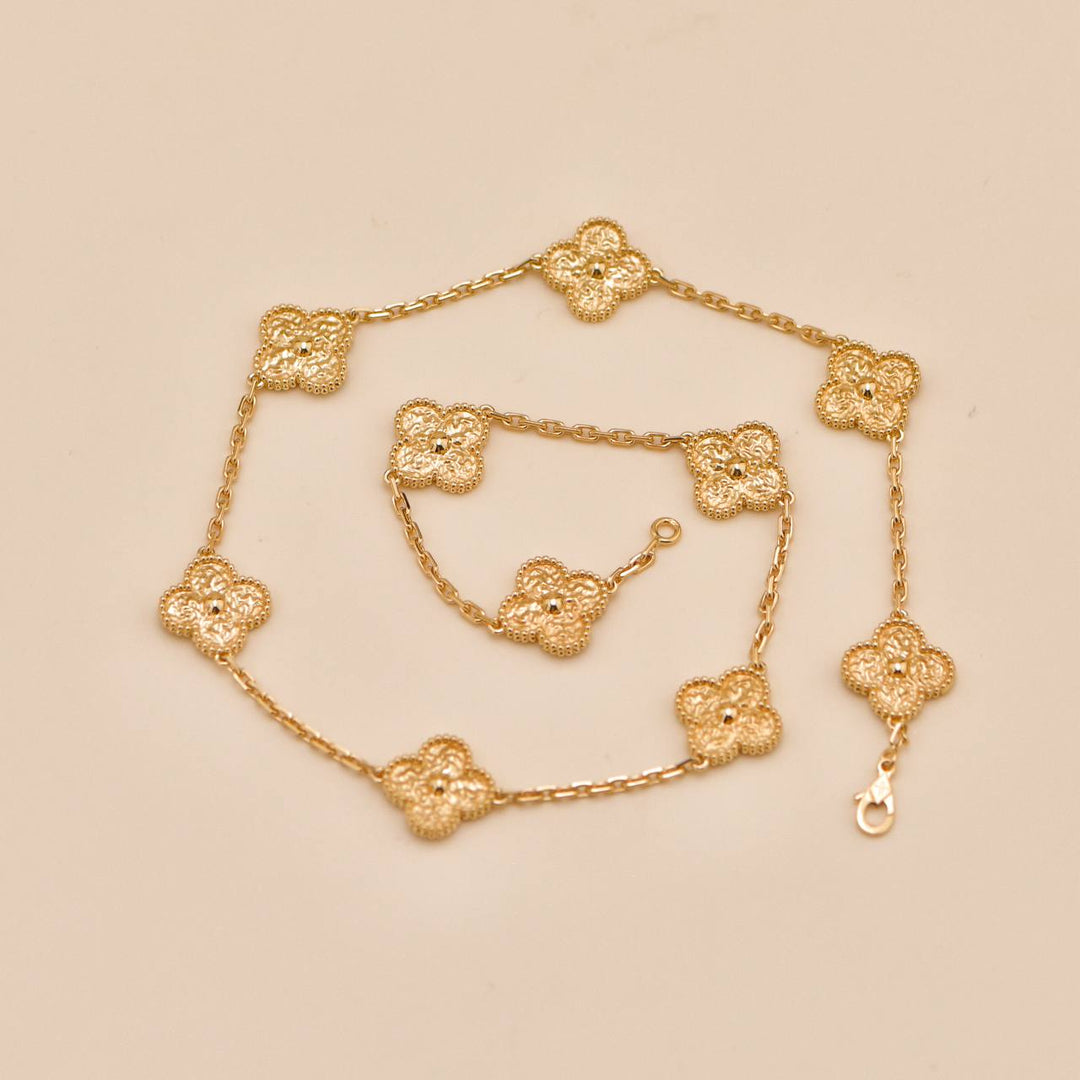 Used Authentic Full Set Van Cleef & Arpels Vintage Alhambra 10 Motif Hammered Necklace 18K Yellow Gold