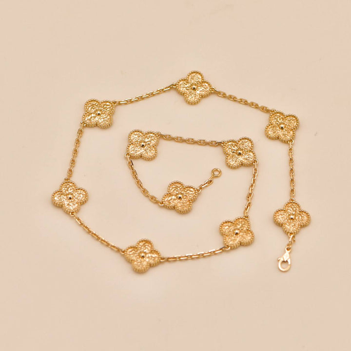 Used Authentic Full Set Van Cleef & Arpels Vintage Alhambra 10 Motif Hammered Necklace 18K Yellow Gold
