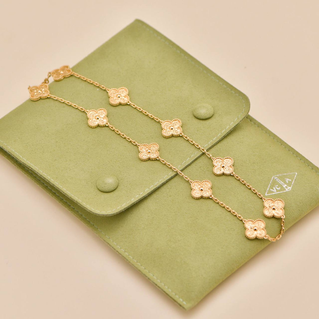Second Hand Authentic Full Set Van Cleef & Arpels Vintage Alhambra 10 Motif Hammered Necklace 18K Yellow Gold