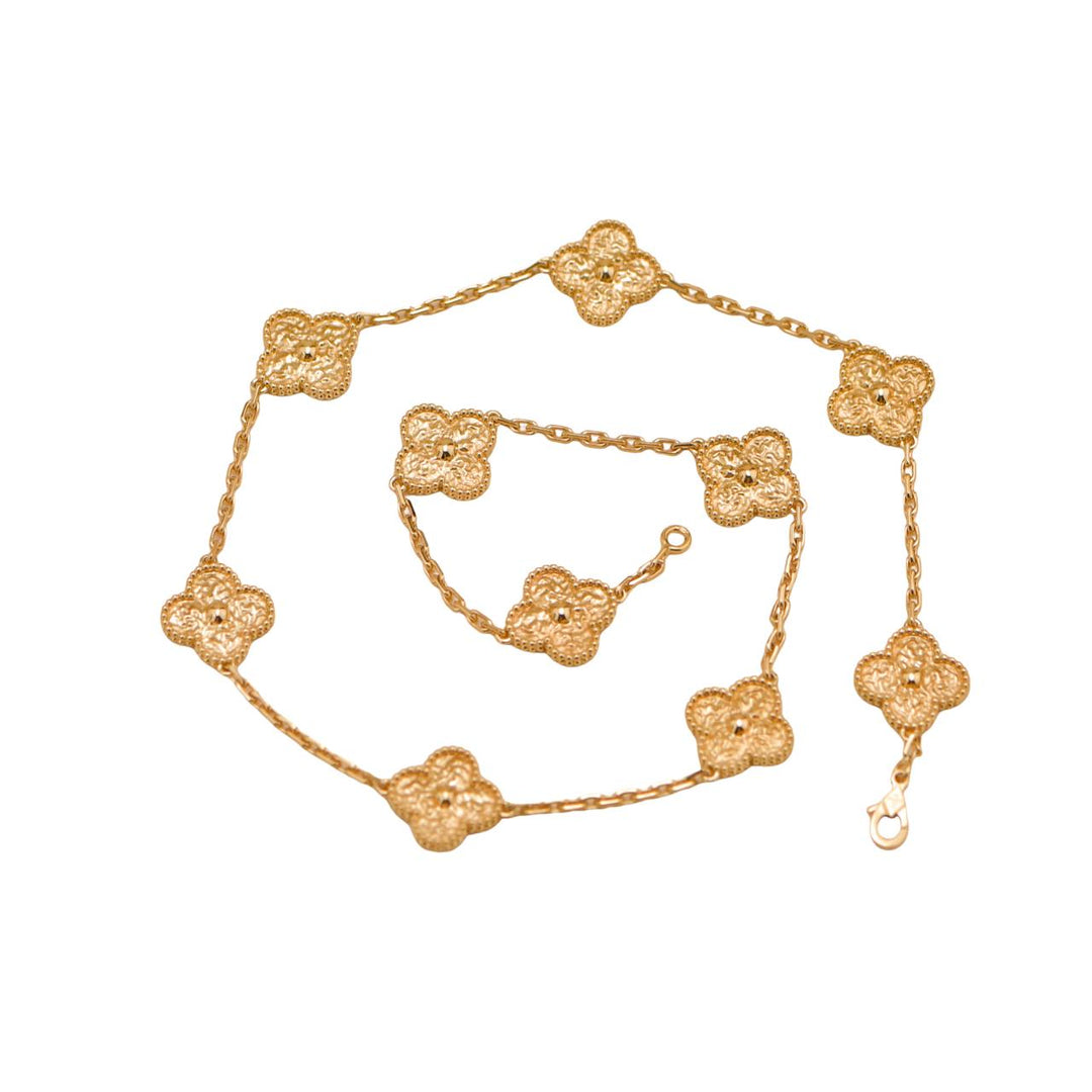Preloved Authentic Full set Van Cleef & Arpels Vintage Alhambra 10 Motif Hammered Necklace 18K Yellow Gold