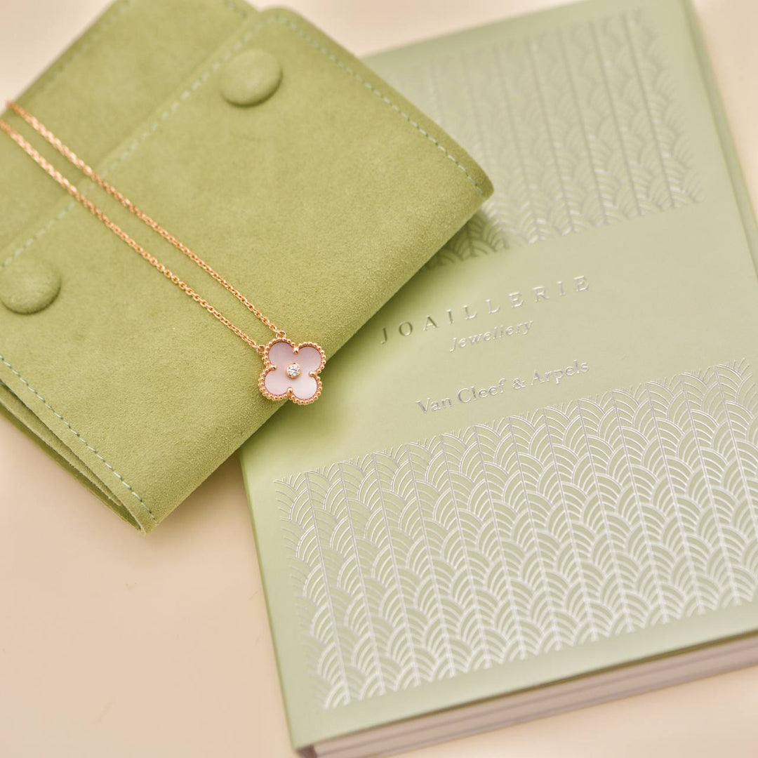 Brand New Authentic Full set Van Cleef & Arpels 2025 Holiday Pendant Pink Mother of Pearl 18K Rose Gold