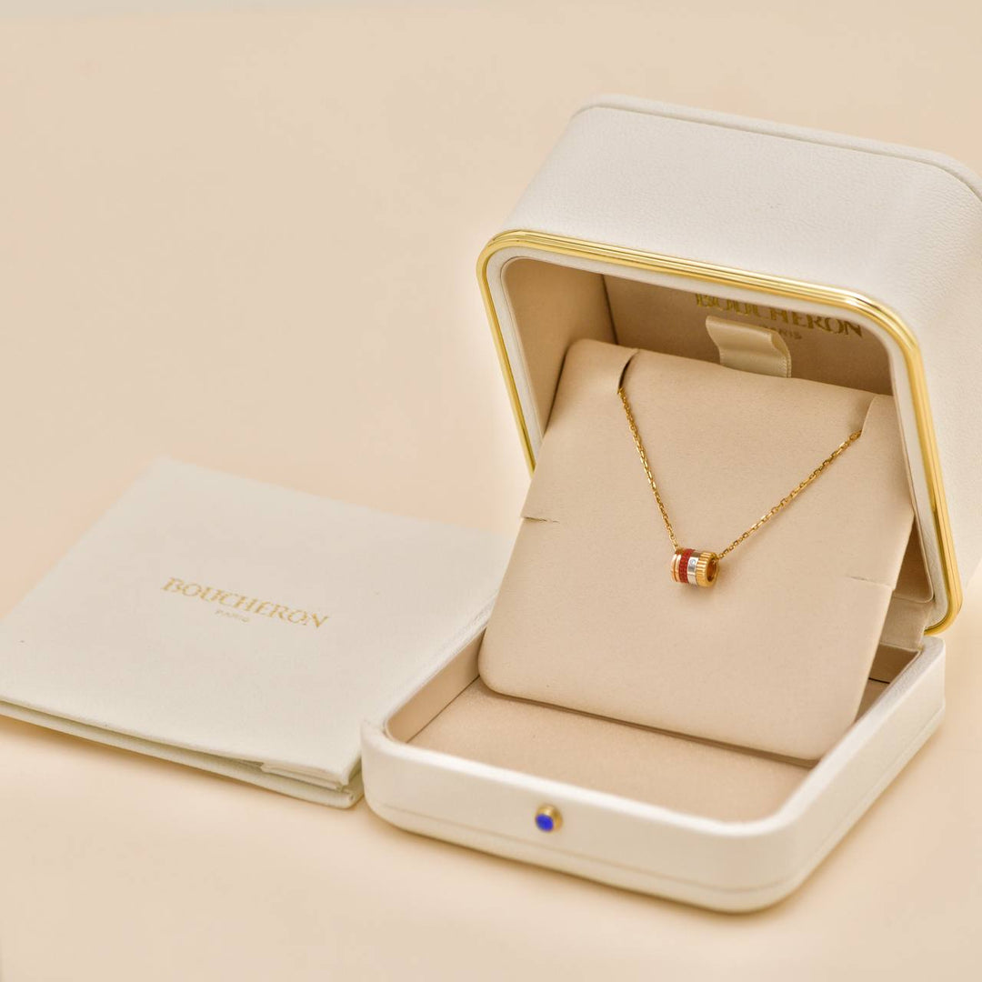 Preowned Authentic Full set Boucheron Quatre Red Edition Mini Pendant Necklace Diamond 18K Rose Yellow White Gold Ceramic