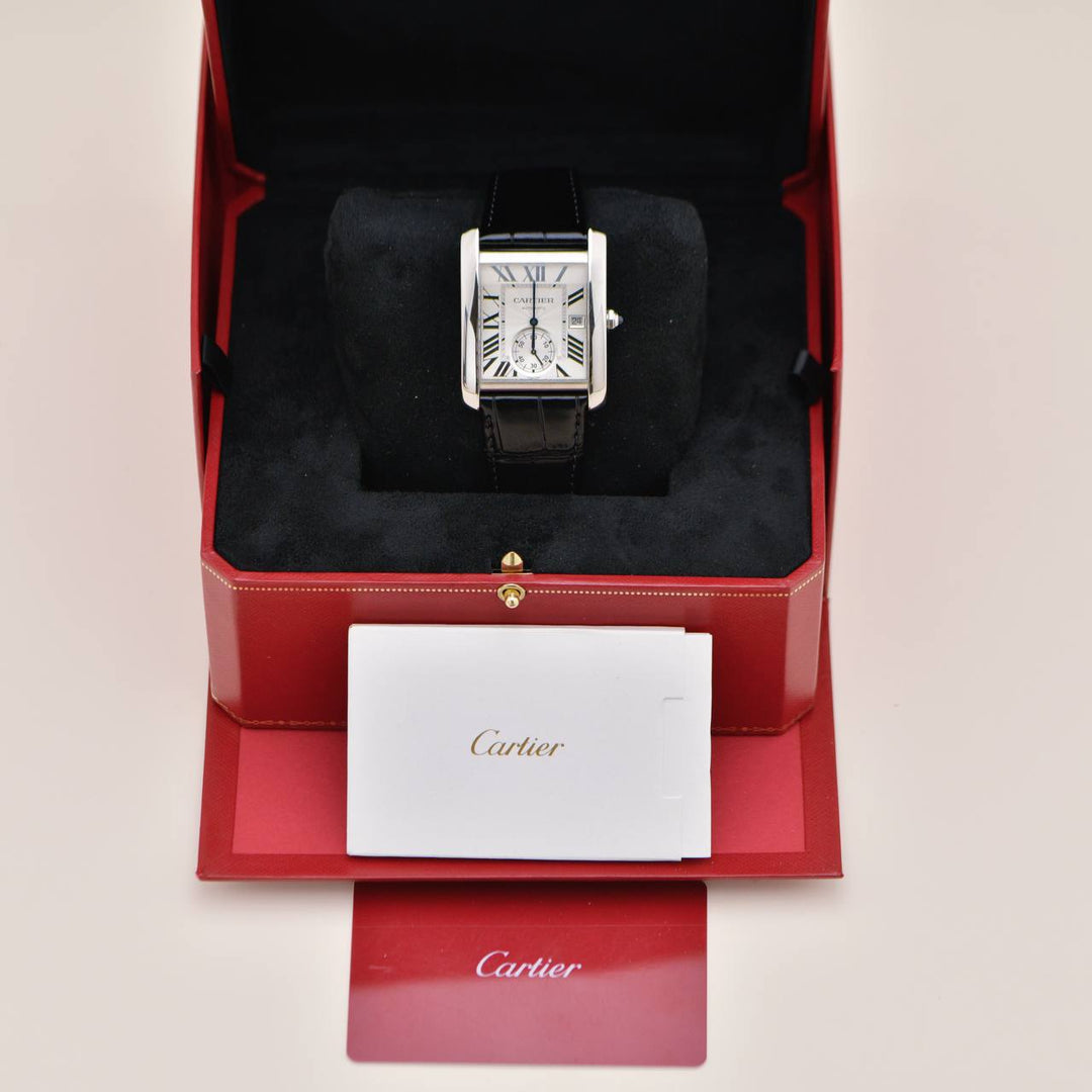 Preowned Authentic Full set Cartier Tank MC Stainless Steel Men's Silver Dial Calf Skin Leather Strap Watch W5330003