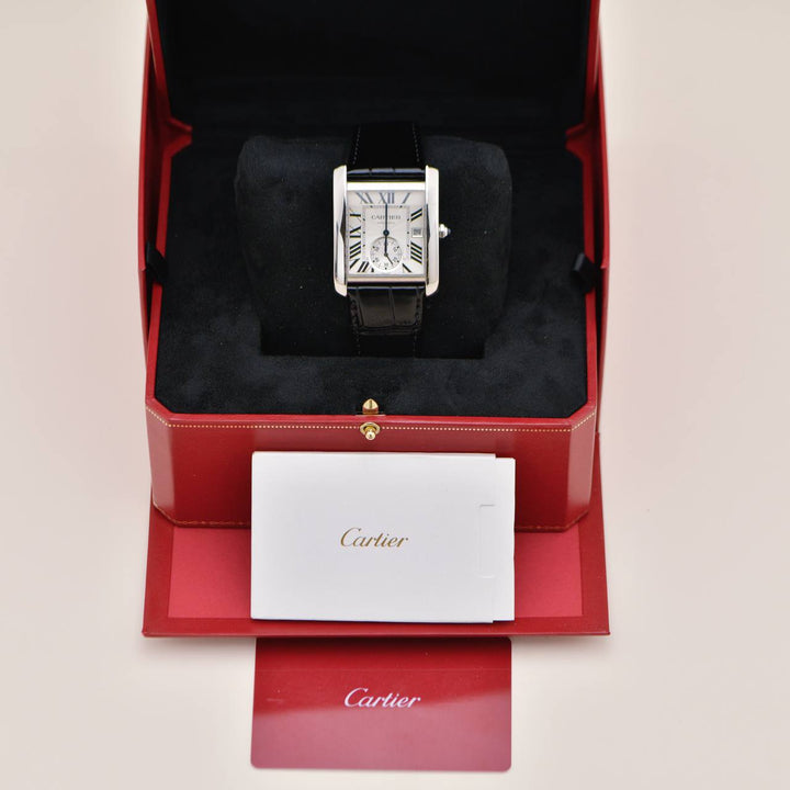 Preowned Authentic Full set Cartier Tank MC Stainless Steel Men's Silver Dial Calf Skin Leather Strap Watch W5330003