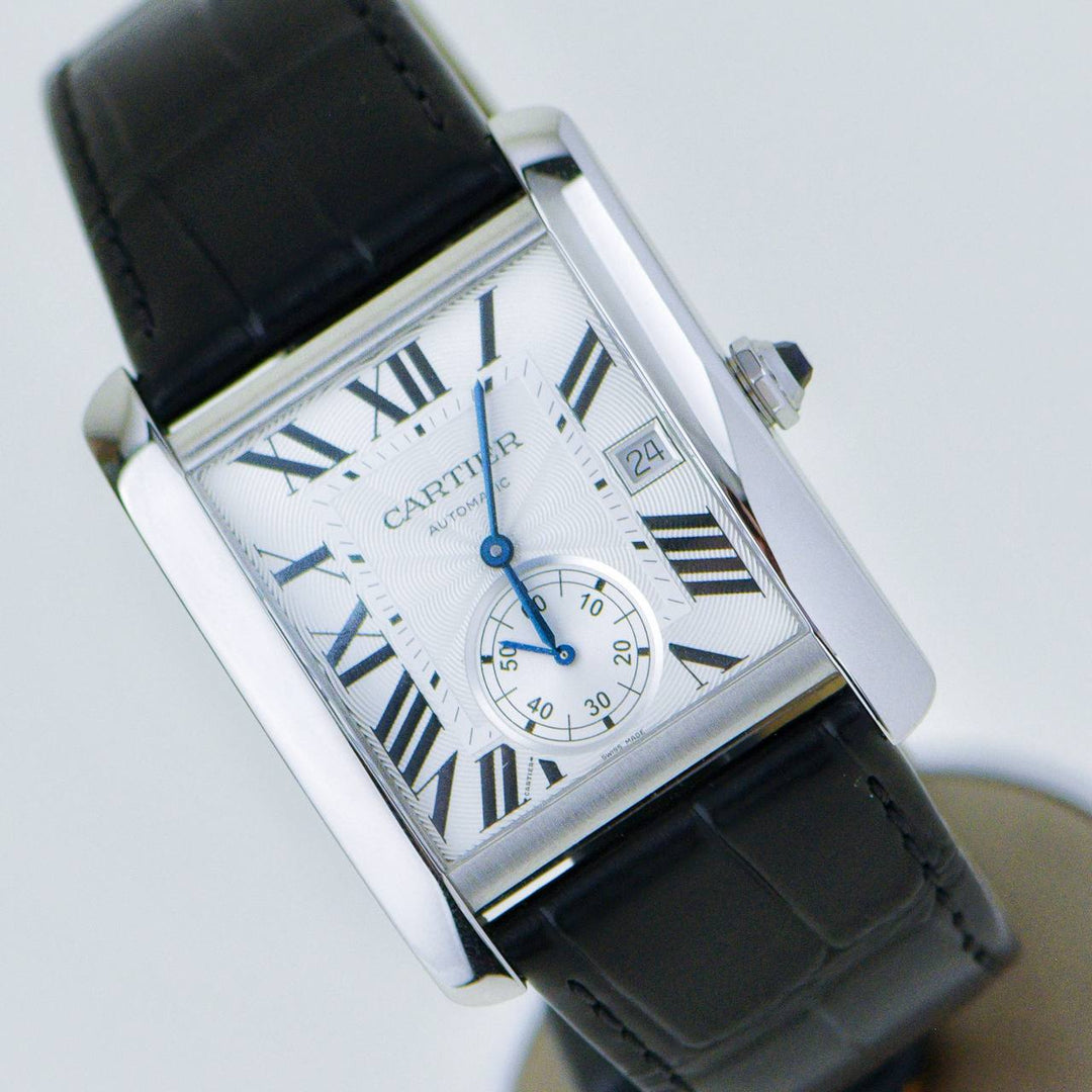 Second Hand Authentic Cartier Tank MC Stainless Steel Men's Silver Dial Calf Skin Leather Strap Watch W5330003 Full set 