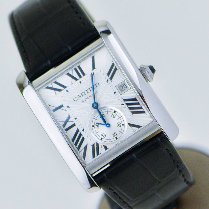 Second Hand Authentic Cartier Tank MC Stainless Steel Men's Silver Dial Calf Skin Leather Strap Watch W5330003 Full set 