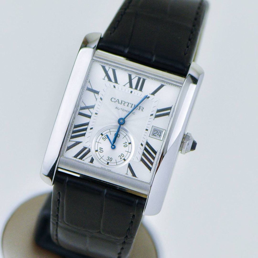 Used Authentic Cartier Tank MC Stainless Steel Men's Silver Dial Calf Skin Leather Strap Watch W5330003 Full set 