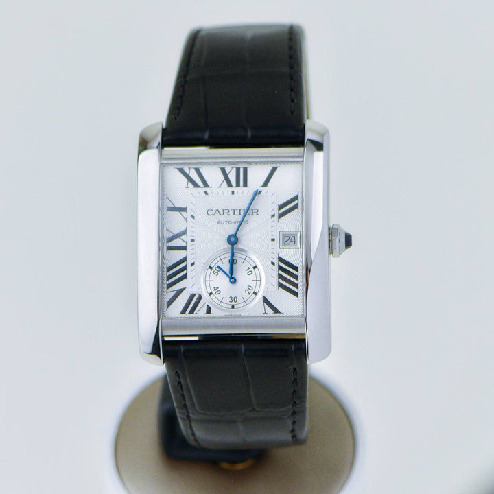 Preowned Authentic Cartier Tank MC Stainless Steel Men's Silver Dial Calf Skin Leather Strap Watch W5330003 Full set 