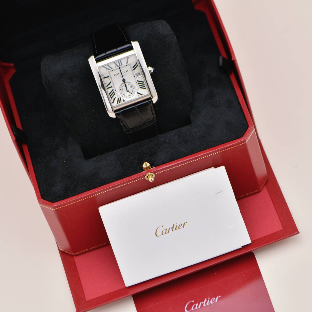 Used Preowned Authentic Full set Cartier Tank MC Stainless Steel Men's Silver Dial Calf Skin Leather Strap Watch W5330003
