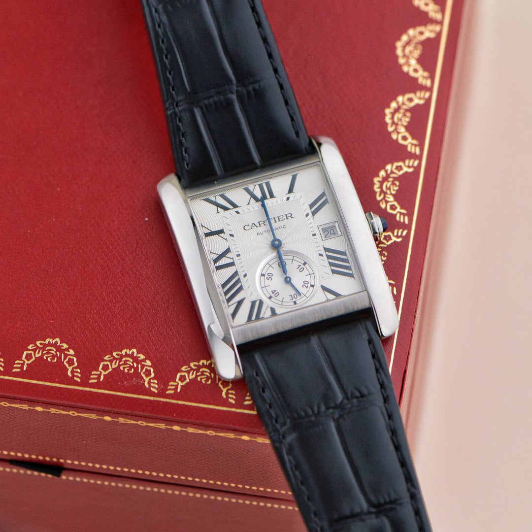 Preloved Authentic Cartier Tank MC Stainless Steel Men's Silver Dial Calf Skin Leather Strap Watch W5330003 Full set 