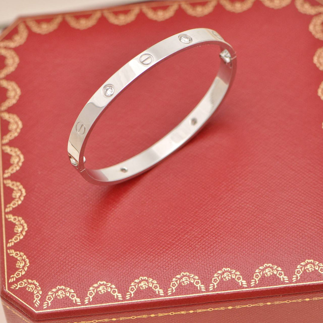 Used Authentic Full set Cartier Love 4 Diamond Bracelet 18K White Gold Size 18