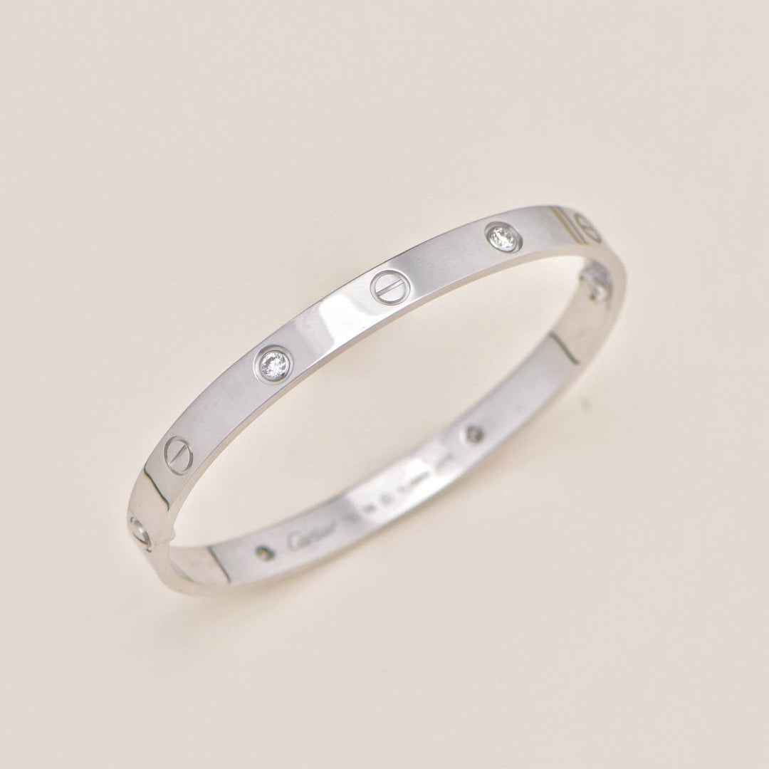 Second Hand Authentic Full set Cartier Love 4 Diamond Bracelet 18K White Gold 