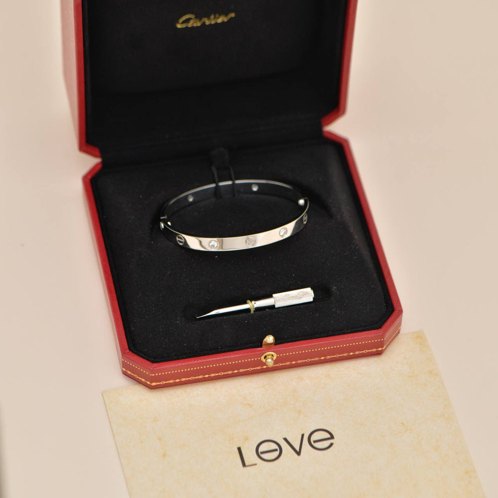 Preowned Authentic Full set Cartier Love 4 Diamond Bracelet 18K White Gold Size 18