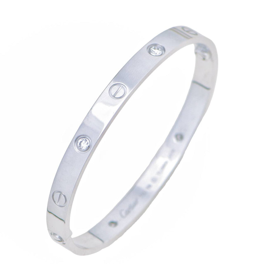 Preloved Authentic Full set Cartier Love 4 Diamond Bracelet 18K White Gold Size 18