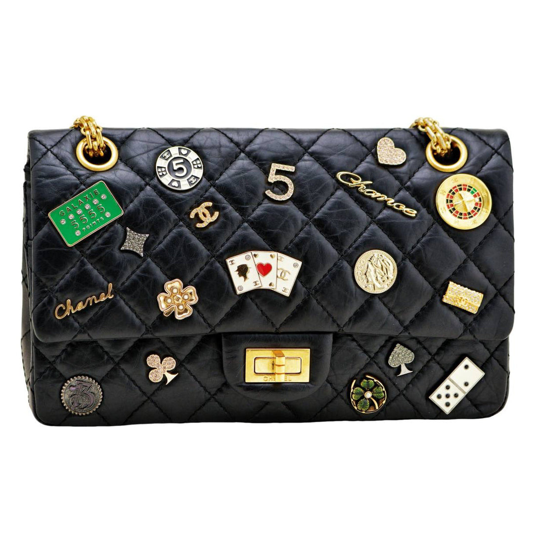 Preloved Authentic Full set Chanel Limited Edition 2.55 Reissue 225 Lucky Charms Double Flap Bag Aged Calfskin Leather Black