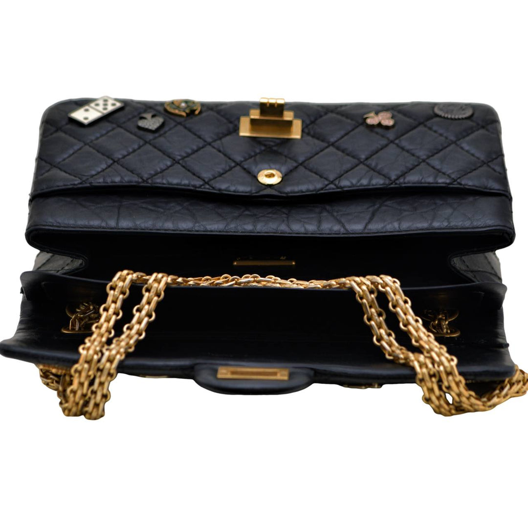 Second Hand Authentic Full set Chanel Limited Edition 2.55 Reissue 225 Lucky Charms Double Flap Black Leather Bag 