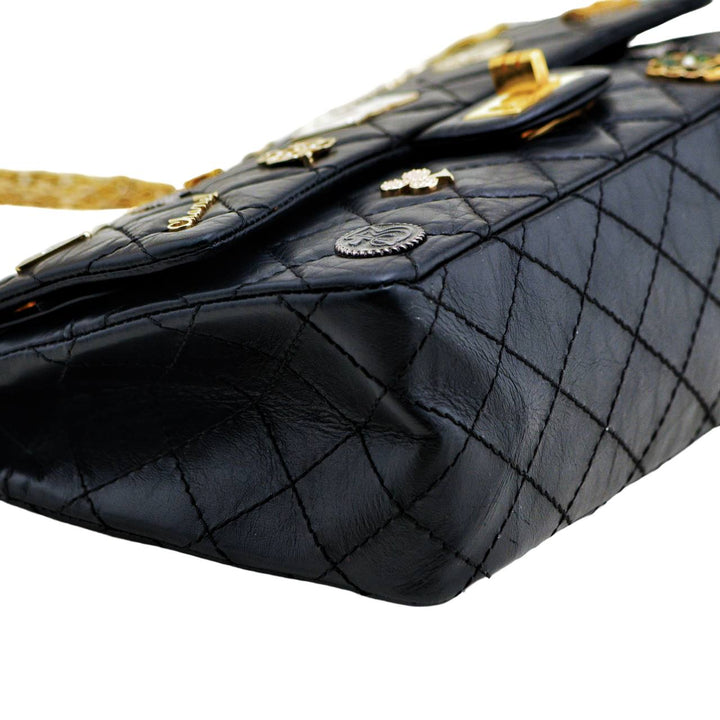 Preowned Authentic Full set Chanel Limited Edition 2.55 Reissue 225 Lucky Charms Double Flap Black Leather Bag 