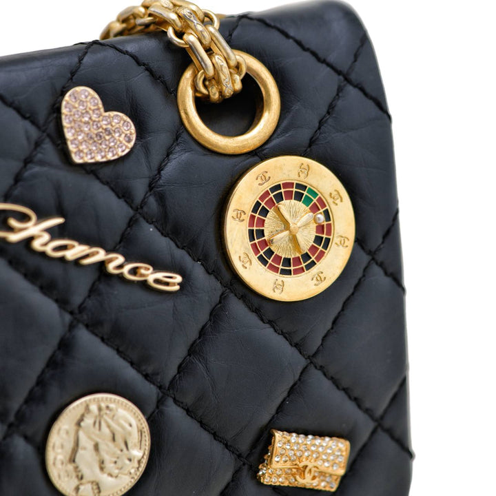 Used Authentic Full set Chanel Limited Edition 2.55 Reissue 225 Lucky Charms Double Flap Black Leather Bag 