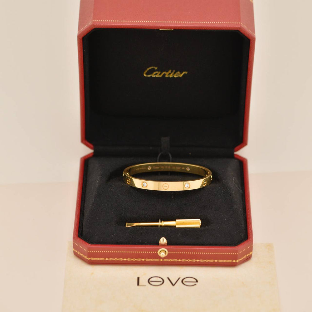 Preowned Authentic Full Set Cartier Love 4 Diamond Classic Model Bracelet Size 17 18K Yellow Gold