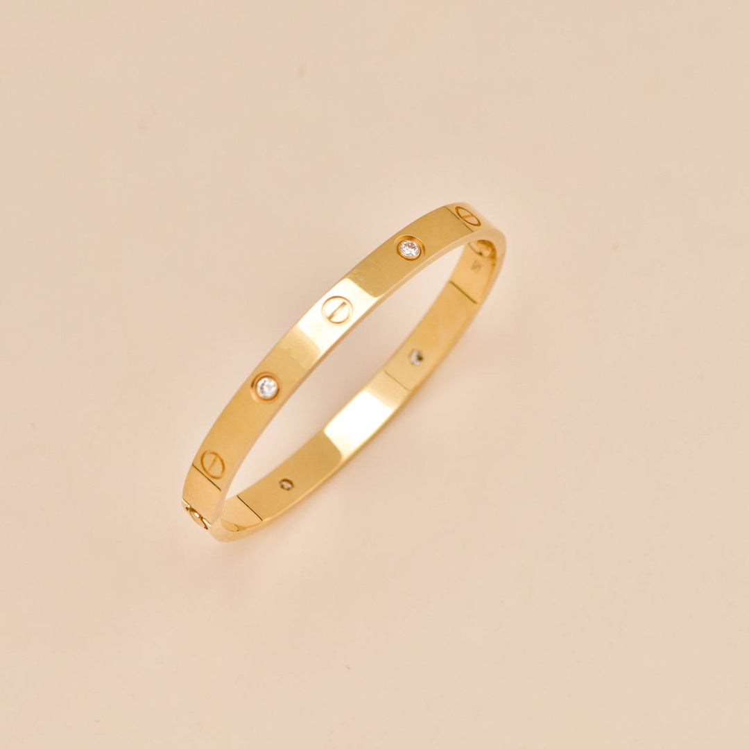 Second Hand Authentic Full Set Cartier Love 4 Diamond Classic Model Bracelet Size 17 18K Yellow Gold