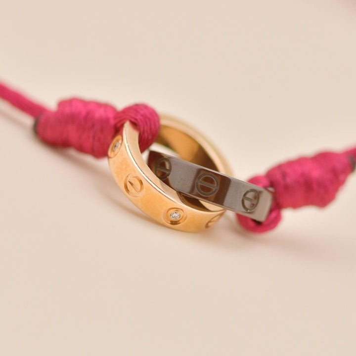 Second Hand Authentic Full Set Cartier Love Red Silk Cord Bracelet 4 Diamond Ceramic 18K Rose Gold