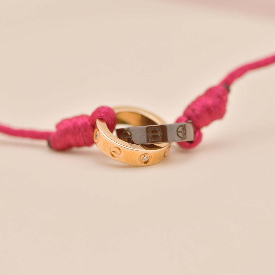 Used Authentic Full Set Cartier Love Red Silk Cord Bracelet 4 Diamond Ceramic 18K Rose Gold