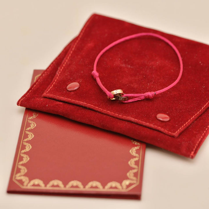 Preowned Authentic Full Set Cartier Love Red Silk Cord Bracelet 4 Diamond Ceramic 18K Rose Gold