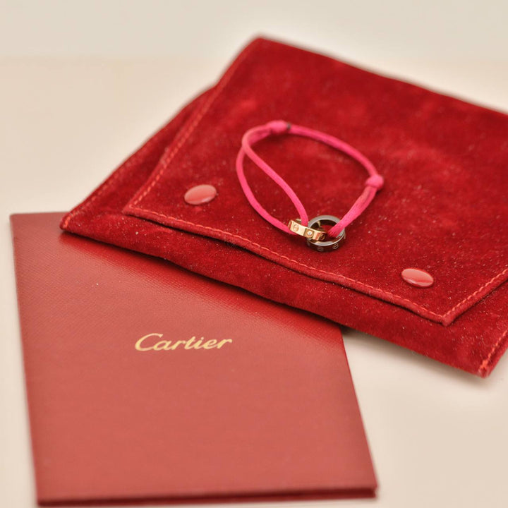 Preowned Authentic Full Set Cartier Love Red Silk Cord Bracelet 4 Diamond Ceramic 18K Rose Gold
