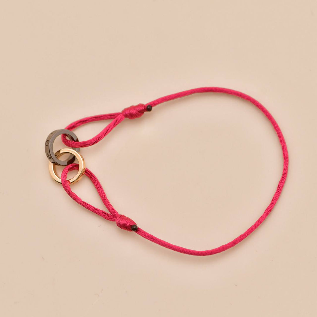 Second Hand Authentic Full Set Cartier Love Red Silk Cord Bracelet 4 Diamond Ceramic 18K Rose Gold