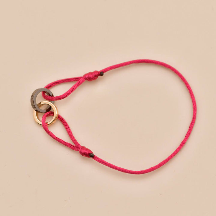 Second Hand Authentic Full Set Cartier Love Red Silk Cord Bracelet 4 Diamond Ceramic 18K Rose Gold