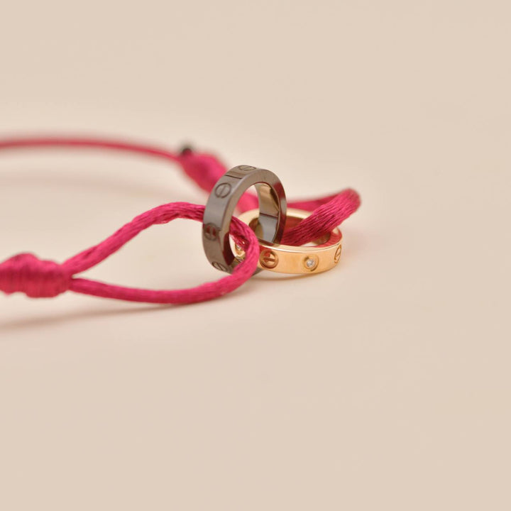 Used Authentic Full Set Cartier Love Red Silk Cord Bracelet 4 Diamond Ceramic 18K Rose Gold