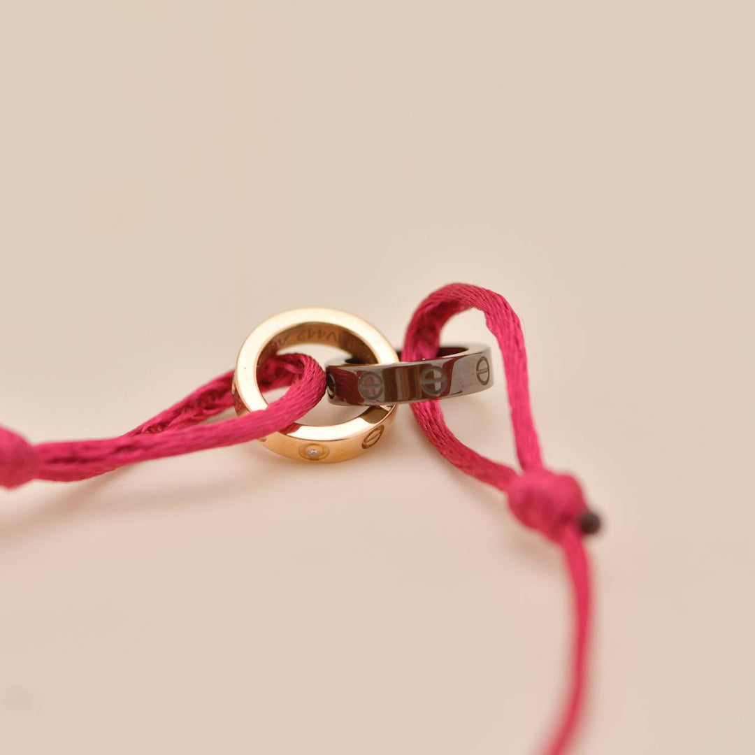 Preloved Authentic Full Set Cartier Love Red Silk Cord Bracelet 4 Diamond Ceramic 18K Rose Gold