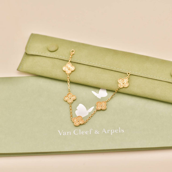 Preowned Authentic Full Set Van Cleef & Arpels Vintage Alhambra 5 Motif Bracelet 18K Hammered Yellow Gold