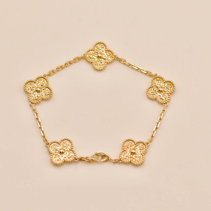 Second Hand Authentic Full Set Van Cleef & Arpels Vintage Alhambra 5 Motif Bracelet 18K Hammered Yellow Gold