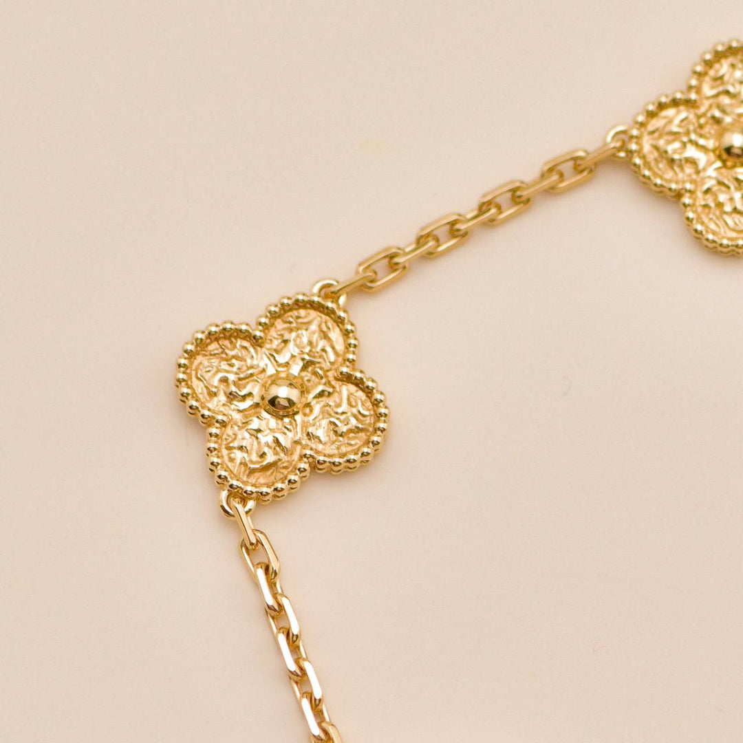 Preloved Authentic Full Set Van Cleef  Vintage Alhambra 5 Motif Bracelet 18K Hammered Yellow Gold