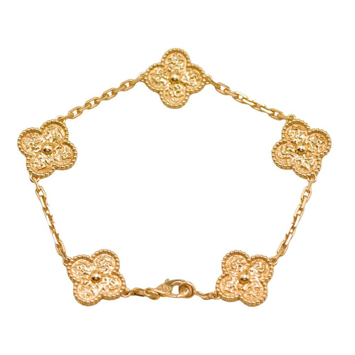 Preloved Authentic Full Set Van Cleef & Arpels Vintage Alhambra 5 Motif Bracelet 18K Hammered Yellow Gold