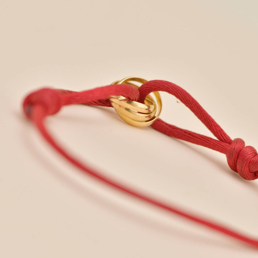 Used Authentic Full Set Cartier Trinity Red Silk Cord Bracelet 18K Rose Gold