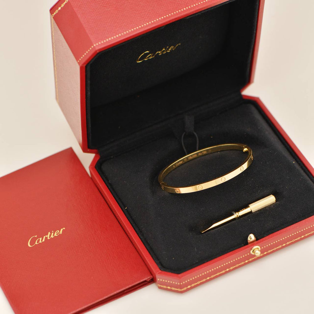 Preowned Authentic Full set Cartier Love Small Model Bracelet Size 17 18K Yellow Gold