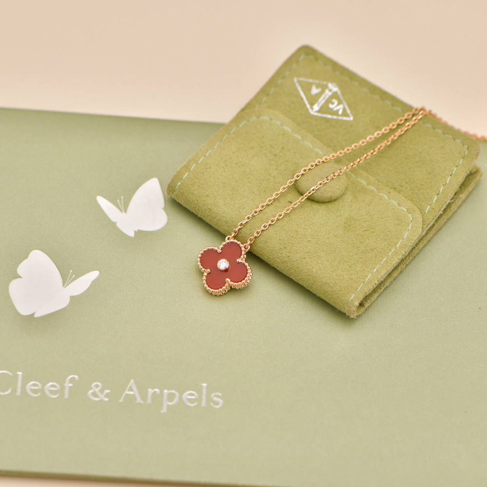 Preowned Authentic Full Set Van Cleef & Arpels 2011 Holiday Pendant Carnelian Diamond 18K Rose Gold