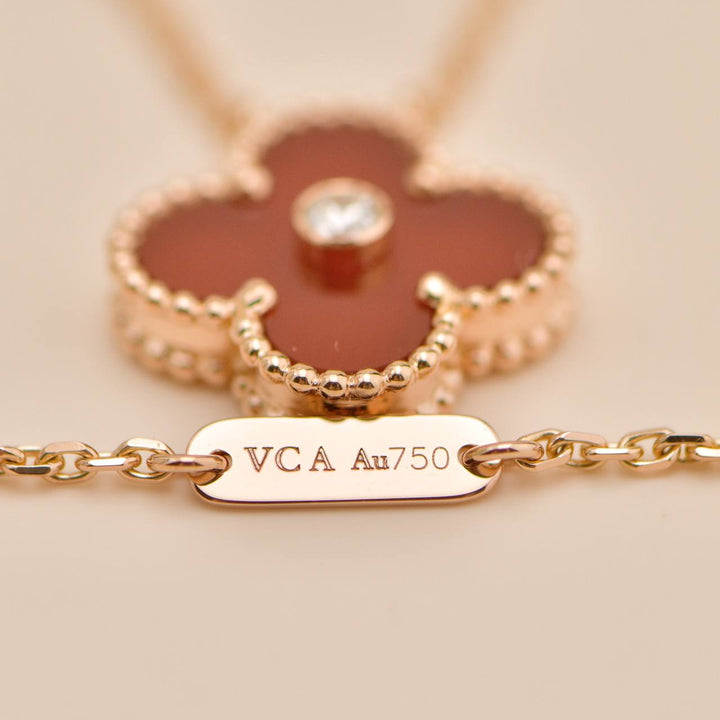 Used Authentic Full Set Van Cleef 2011 Holiday Pendant Carnelian Diamond 18K Rose Gold