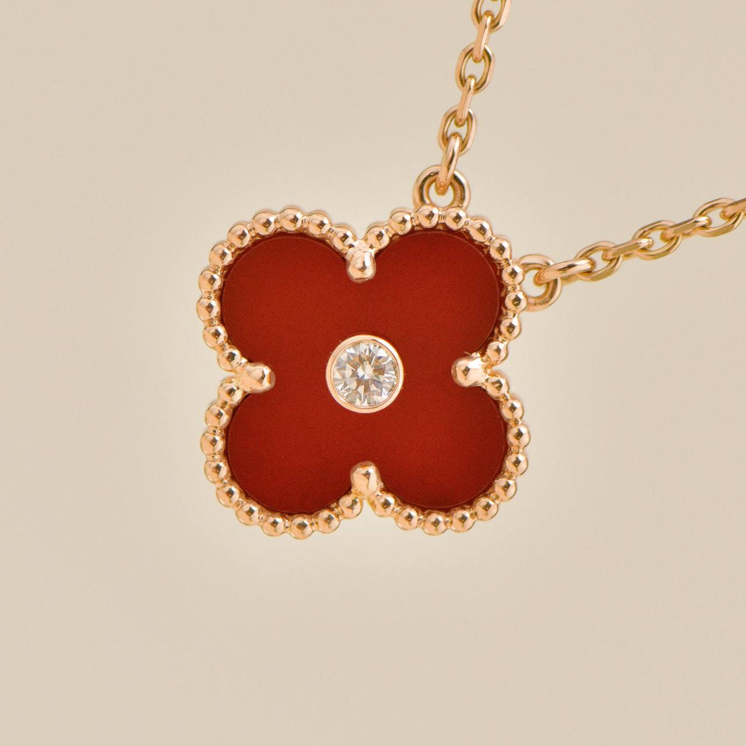 Preowned Authentic Full Set Van Cleef 2011 Holiday Pendant Carnelian Diamond 18K Rose Gold
