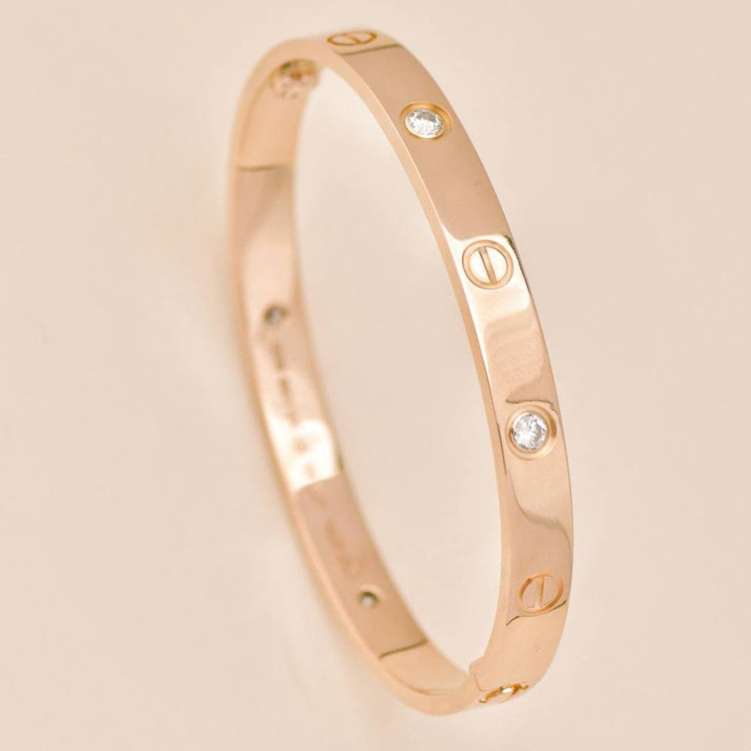 Preloved Authentic Full Set Cartier Love Classic Model Bracelet 4 Diamond 18K Rose Gold Size 17