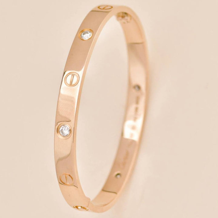 Preowned Authentic Full Set Cartier Love Classic Model Bracelet 4 Diamond 18K Rose Gold Size 17