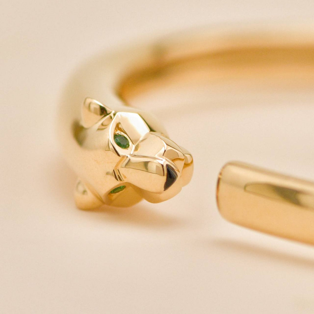 Used Authentic Full set Cartier Panthère de Cartier Bracelet Small Model Tsavorite Onyx 18K Yellow Gold Size 16