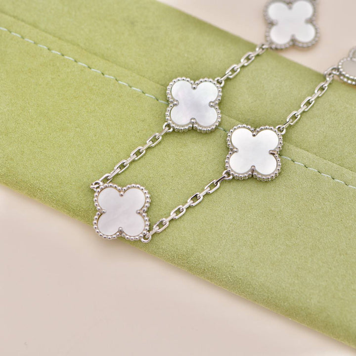 Used Authentic Full set Van Cleef & Arpels Vintage Alhambra Bracelet 5 Motif Mother of Pearl 18K White Gold