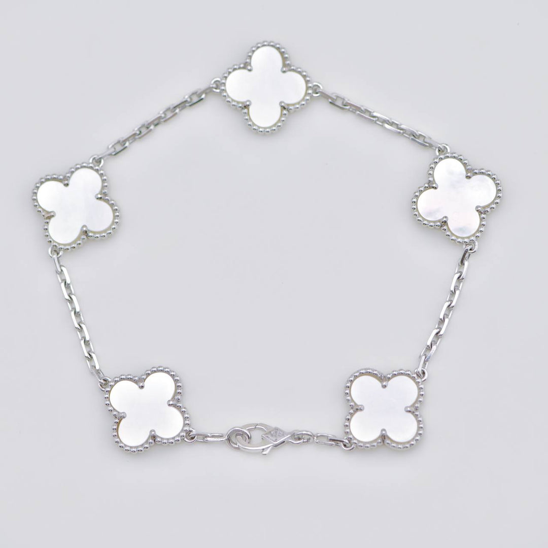 Preloved Authentic VCA Vintage Alhambra Bracelet 5 Motif Mother of Pearl 18K White Gold