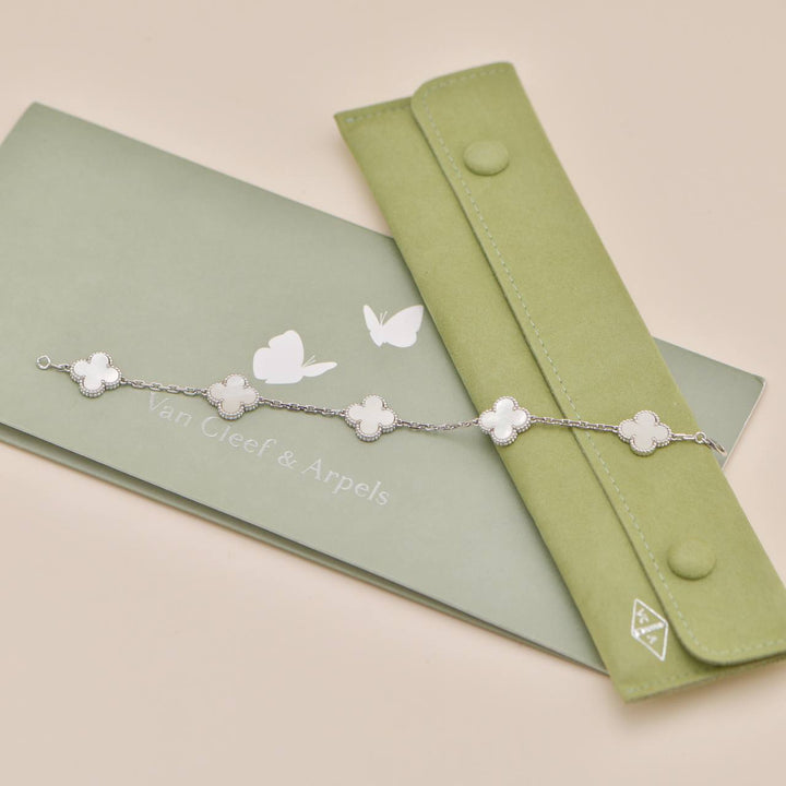 Preloved Authentic Full set VCA Vintage Alhambra Bracelet 5 Motif Mother of Pearl 18K White Gold