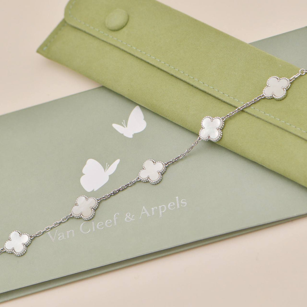 Preloved Authentic Full set Van Cleef & Arpels Vintage Alhambra Bracelet 5 Motif Mother of Pearl 18K White Gold