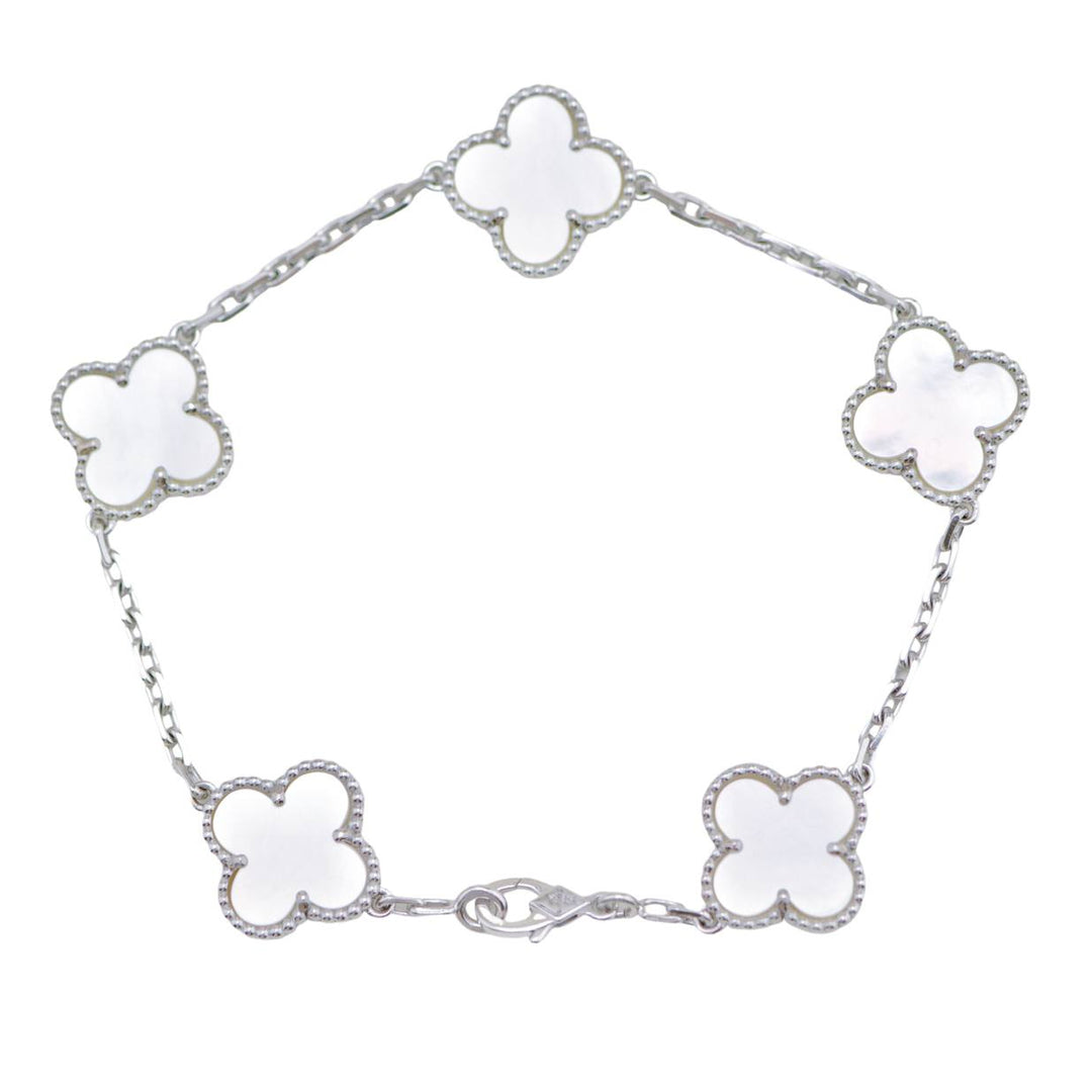 Preloved Authentic Full set Van Cleef Vintage Alhambra Bracelet 5 Motif Mother of Pearl 18K White Gold